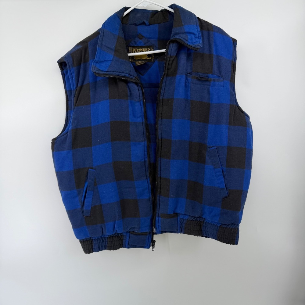 Branded Lion Mens Blue Black Buffalo Plaid Quilted Puffer Vest Large Zip Up